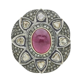 Silver Topped 14K Rose Gold, Pink Tourmaline, Polki Cut and Round Cut Diamond Ring