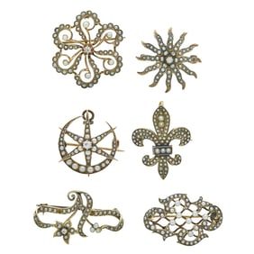 Set of Six Antique 14K Yellow and Rose Gold Seed Pearl and Diamond Set Brooches Pins