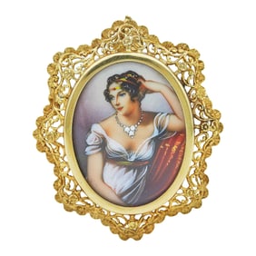 Corletto 18K Yellow Gold Painted Portrait Miniature Pendant Brooch