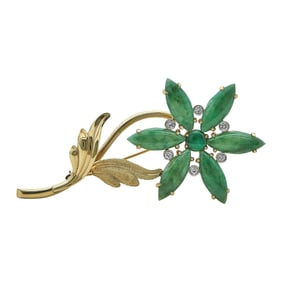 14K Yellow Gold, Marquise Cabochon Jade, and Diamond Flower Brooch