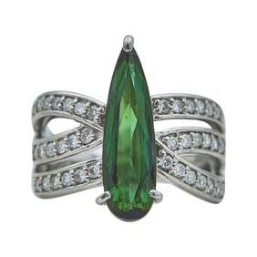 Platinum, Elongated Pear Cut Green Tourmaline, and Diamond Ring