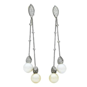 18K White Gold, White and Yellow Pearl, and Diamond Pendant Earrings