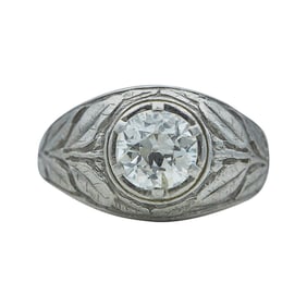 Art Nouveau Platinum and Old European Cut Diamond Ring with Engraved Floral Shoulders