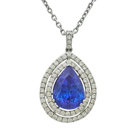 14K White Gold, Pear Cut Tanzanite, and Diamond Halo Pendant