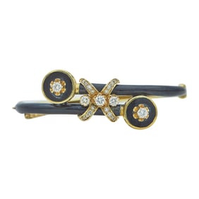 Victorian Revival 14K Yellow Gold, Black Enamel, and Diamond Hinged Bangle Bracelet