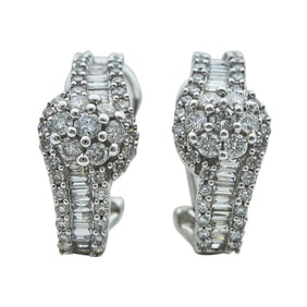 14K White Gold, Round Cut and Baguette Cut Diamond Half-Hoop Earrings