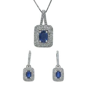 14K White Gold, Oval Cut Sapphire, and Diamond Halo Pendant Necklace & Earrings Set