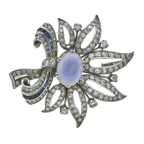 Art Deco Platinum, Single Cut Diamond, Calibre Cut Sapphire, and Chalcedony Flower Brooch Pin