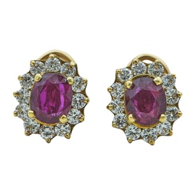 18K Yellow Gold, Ruby, and Diamond Cluster Earrings