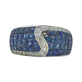 18K White Gold, French Cut Sapphire, and Diamond Band Ring