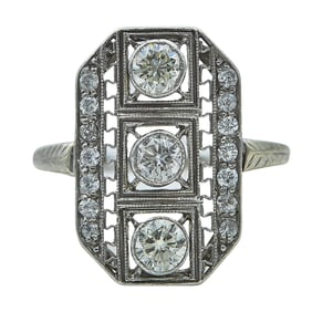 Art Deco Style 14K White Gold and Diamond Plaque Ring