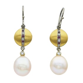18K Yellow and White Gold, Pink Pearl, Ruby, and Diamond Drop Earrings