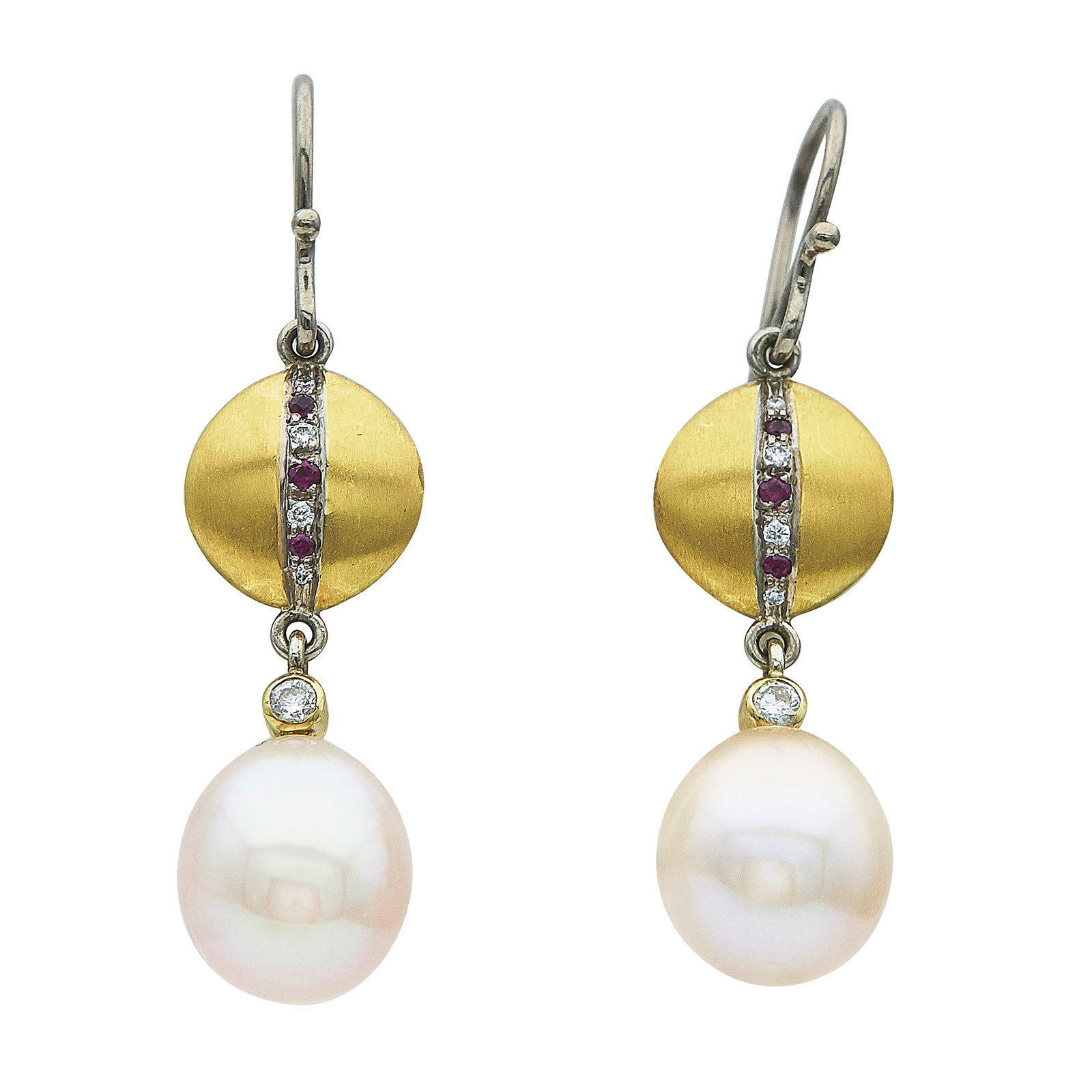 18K Yellow and White Gold, Pink Pearl, Ruby, and Diamond Drop Earrings (1 of 3)