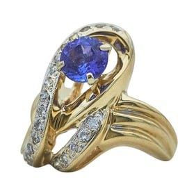 14K Yellow Gold Round Cut Tanzanite and Diamond Ring