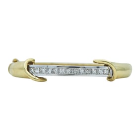 14K Yellow and White Gold Princess Cut Diamond Hinged Bangle Bracelet