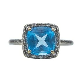 14K White Gold Blue Topaz and Diamond Ring