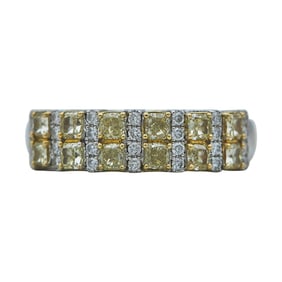 14K Yellow and White Gold Cushion Cut Yellow Diamond and Diamond Band Ring