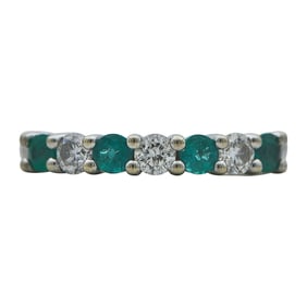 14K White Gold, Emerald, and Diamond Band Ring