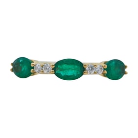 18K Yellow Gold, Oval Cut Emerald, and Diamond Band Ring