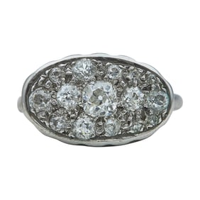 14K White Gold Old Mine Cut Diamond Pave Oval Cluster Ring