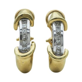 14K Yellow and White Gold Princess Cut Diamond Hoop Earrings