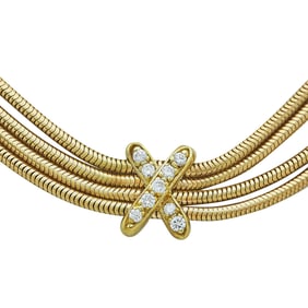 18K Yellow Gold Snake Chain and Diamond Set "X" Station Necklace