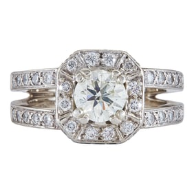 14K White Gold Diamond Halo Split Shank Engagement Ring