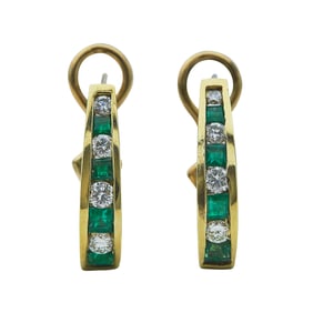 18K Yellow Gold Diamond and Emerald Hoop Earrings