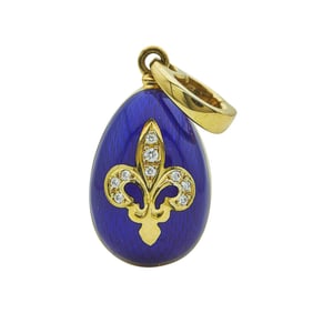 Fabergé 18K Yellow Gold and Vivid Blue Enamel Egg Pendant with Diamond Fluer de Lis Motif, Limited
