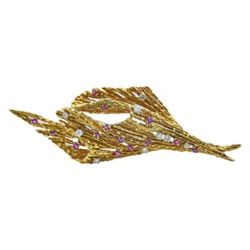 English Brutalist Textured 18K Yellow Gold, Diamond, and Ruby Brooch