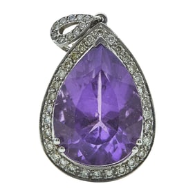 18K White Gold Pear Shaped Amethyst and Diamond Pendant