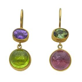 Attributed to Mallary Marks 18K Yellow Gold, Pink and Green Tourmaline, Peridot, and Amethyst Drop
