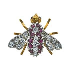 18K Yellow Gold and White Gold Diamond, and Ruby Bee Brooch Pin