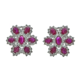 18K White Gold Glass Filled Ruby and Diamond Earrings