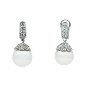 Single 18K White Gold Pearl and Diamond Drop Earring with Matching Convertible Pendant