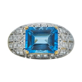 18K Yellow and White Gold Blue Topaz and Diamond Ring