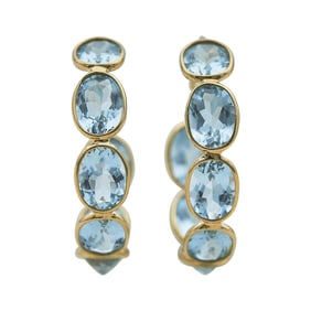 18K Yellow Gold and Oval Cut Aquamarine Hoop Earrings