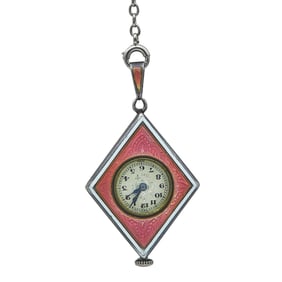 Edwardian Silver and Pink Enamel Pendant Watch Necklace, circa 1915