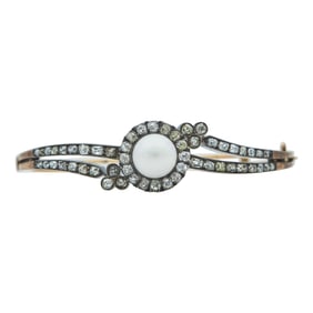 Antique Victorian Silver Topped 14K Yellow Gold, Pearl, and Diamond Hinged Bangle Bracelet