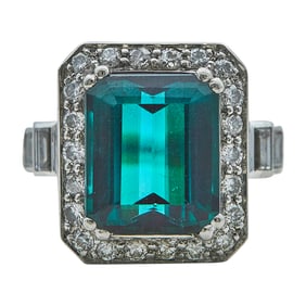Platinum Emerald Cut Blue Tourmaline, and Diamond Cocktail Ring