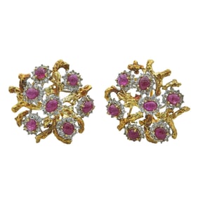 Vintage 18K Yellow and White Gold Ruby and Diamond Earrings of Round Openwork Textured Design