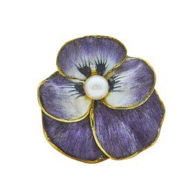 14K Yellow Gold Enamel and Pearl Purple Pansy Brooch Pendant