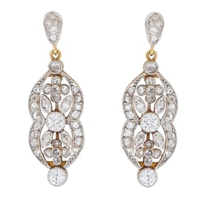 Antique Edwardian Platinum Topped 18K Yellow Gold Old Mine Cut and Rose Cut Diamond Floral Drop