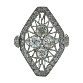 Platinum Diamond Art Deco Style Openwork Plaque Ring