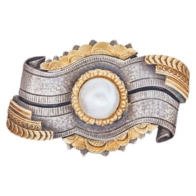 18K Yellow Gold, Base Metal, and Mabe Pearl Ribbon Brooch Pin