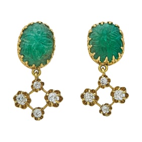 Antique French 18K Yellow Gold, Carved Emerald, and Old Mine Cut Diamond Necklace and Earring Set
