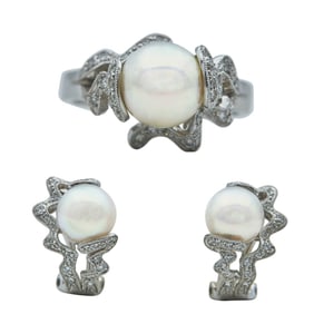 18K White Gold Cultured Pearl and Diamond Earrings & Ring Set