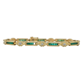 14K Yellow Gold, Emerald, and Diamond Tennis Bracelet