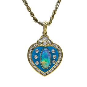 18K Yellow Gold Turquoise, Opal and Diamond Halo Heart Pendant Necklace