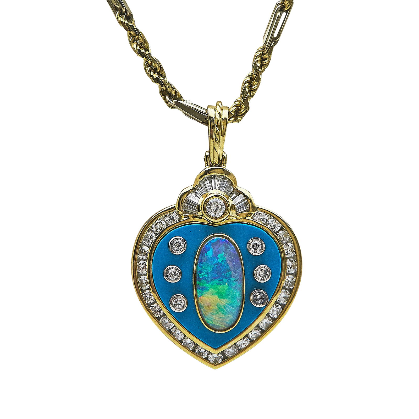 18K Yellow Gold Turquoise, Opal and Diamond Halo Heart Pendant Necklace (1 of 4)